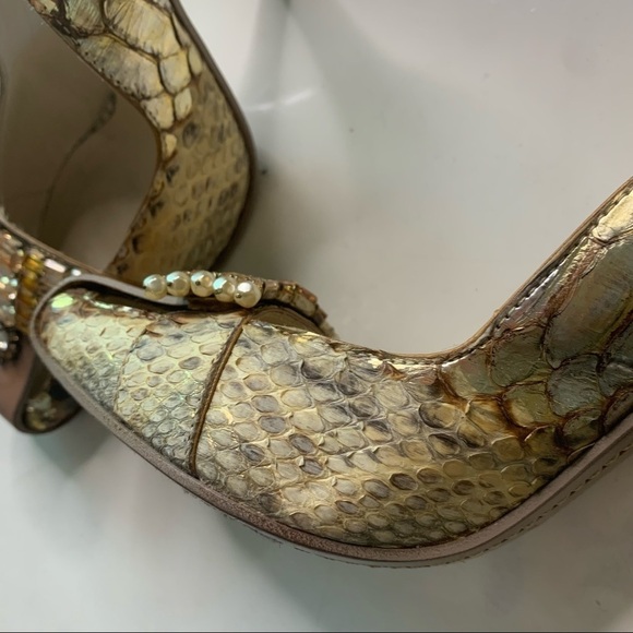 Vintage Christian Dior python square toe Jeweled gold sling back stiletto - Picture 5 of 16